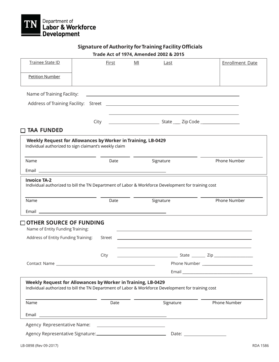 Form LB-0898 Signature of Authority for Training Facility Officials - Tennessee, Page 1