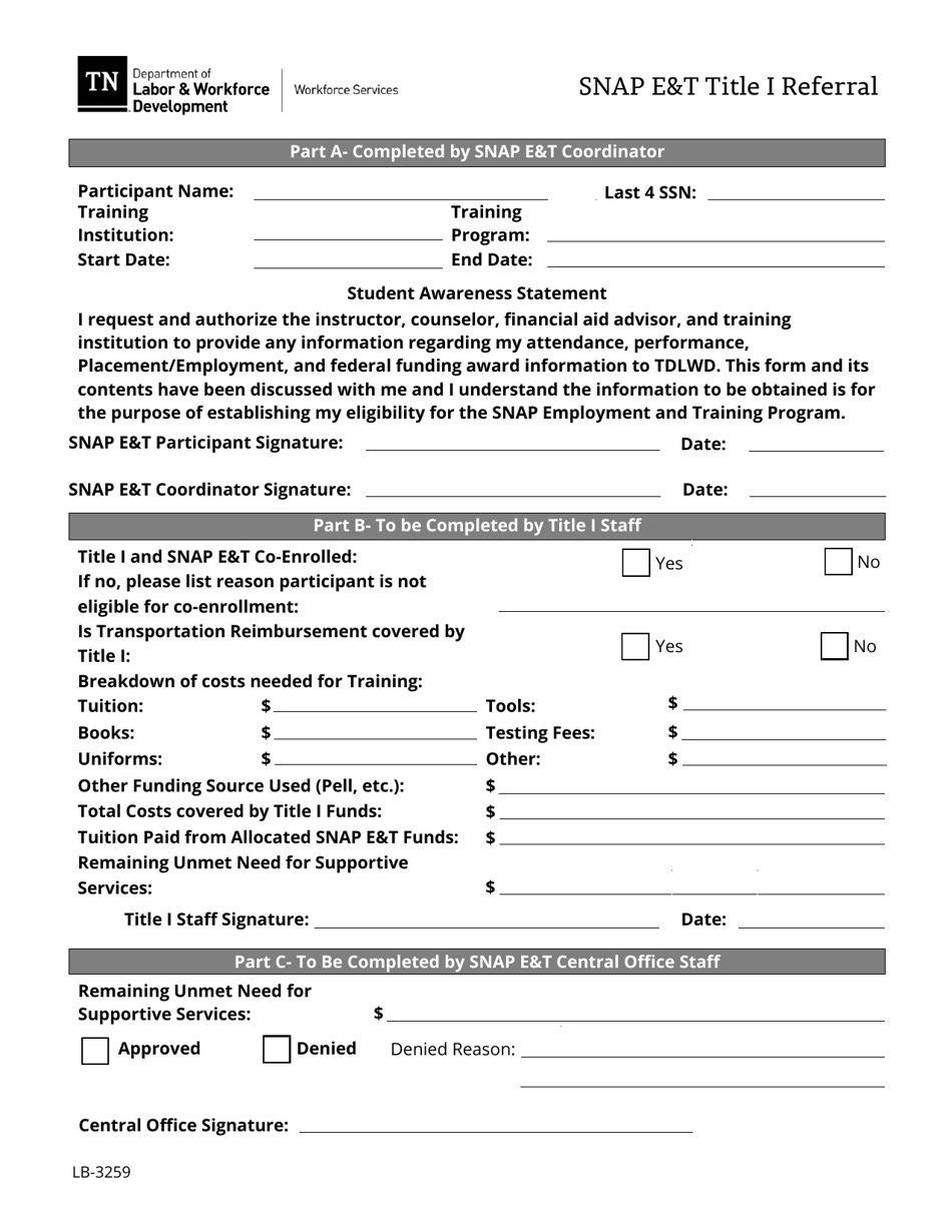 Form LB-3259 Snap Et Title I Referral - Tennessee, Page 1