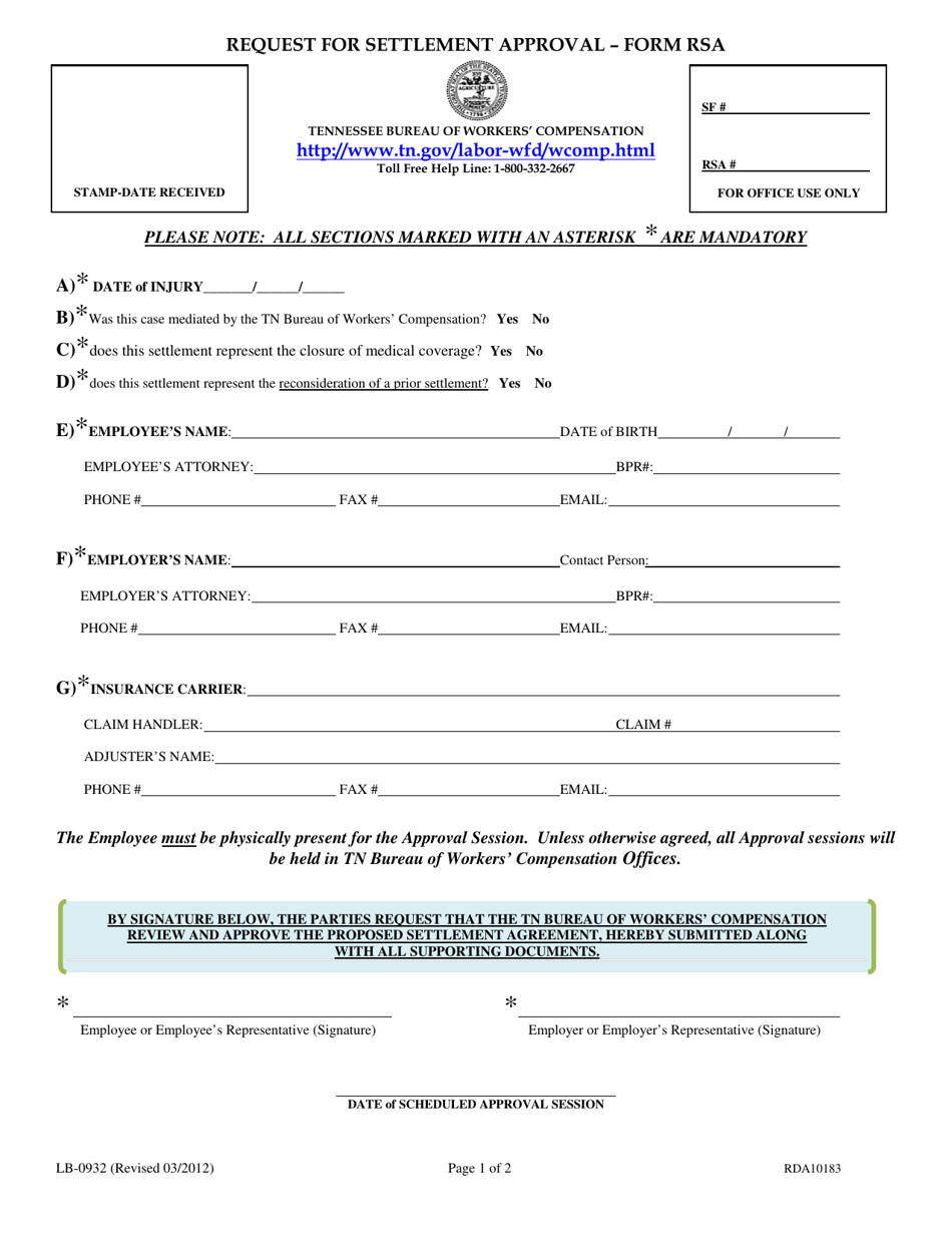 Form LB-0932 (RSA) Request for Settlement Approval - Tennessee, Page 1