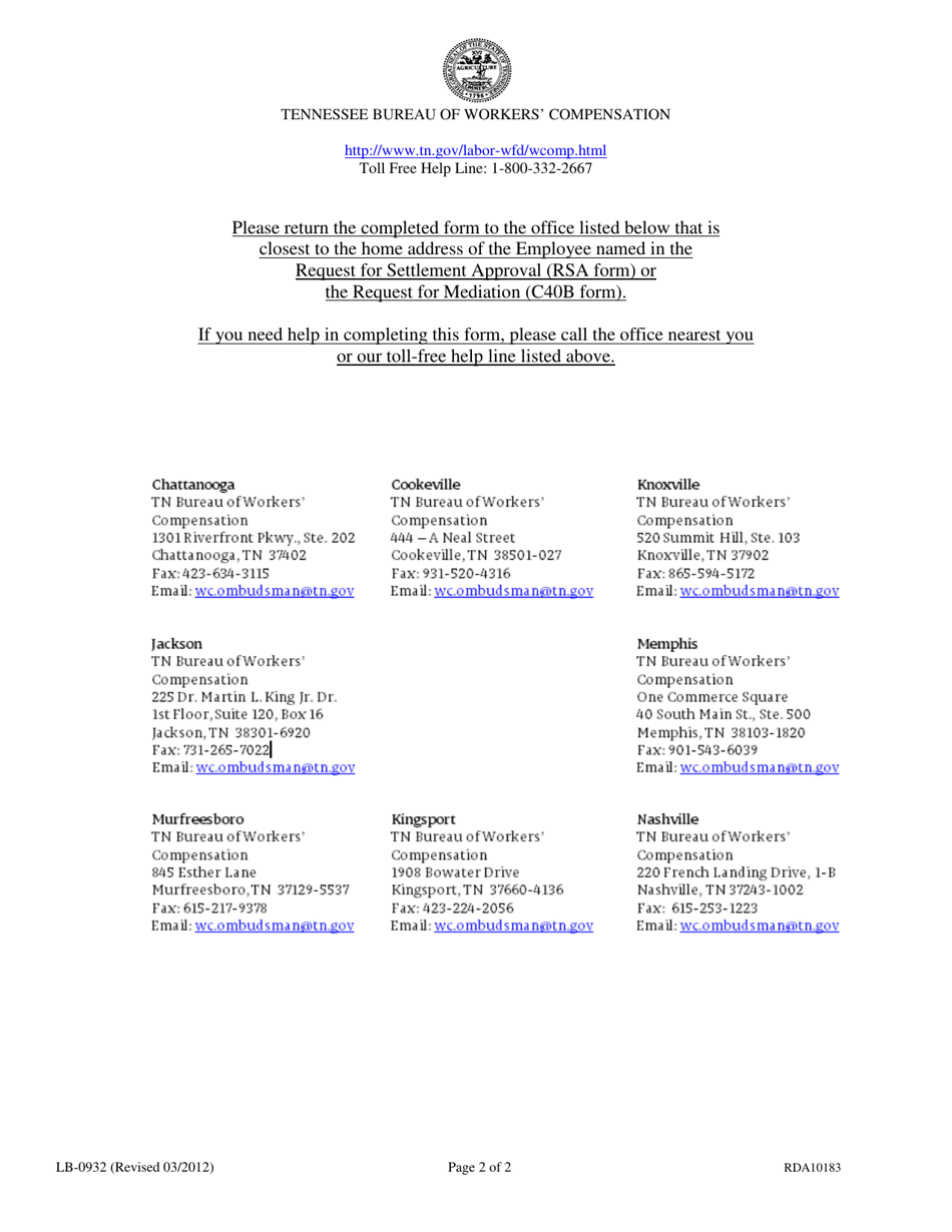 Form LB-0932 (RSA) Request for Settlement Approval - Tennessee, Page 2