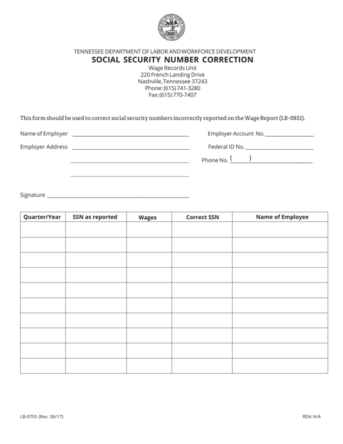 Form LB-0755 Social Security Number Correction - Tennessee
