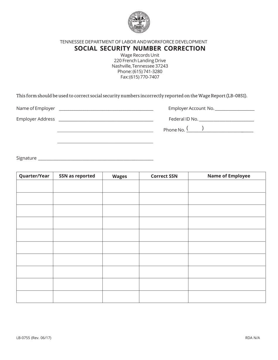 Form LB-0755 Social Security Number Correction - Tennessee, Page 1