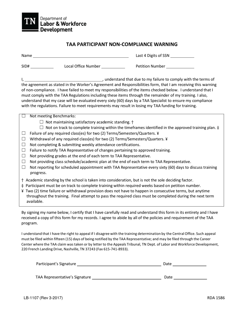 Form LB-1107 Taa Participant Non-compliance Warning - Tennessee, Page 1