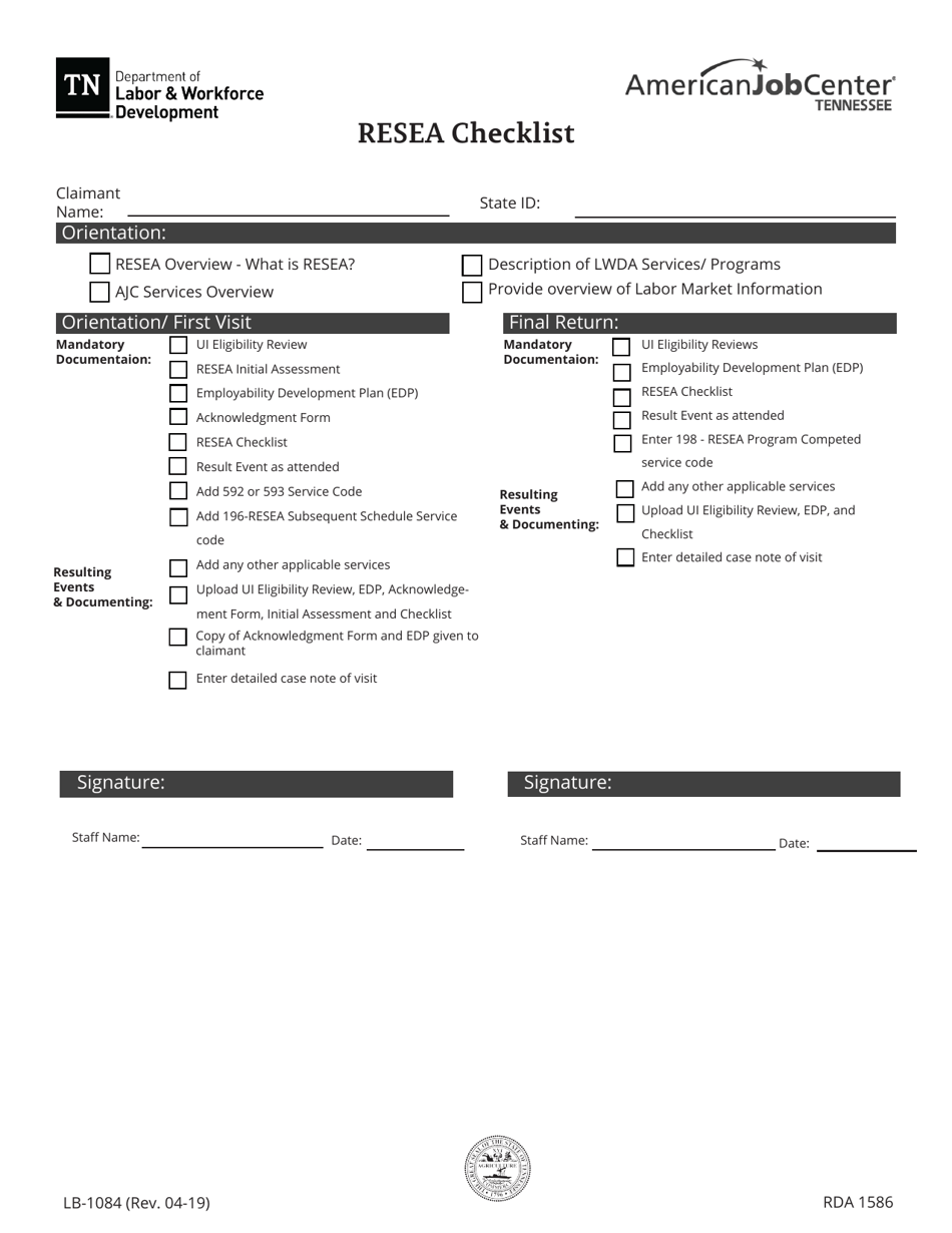 Form LB-1084 Resea Checklist - Tennessee, Page 1