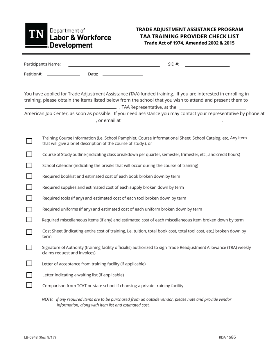 Form LB-0948 Taa Training Provider Checklist - Tennessee, Page 1