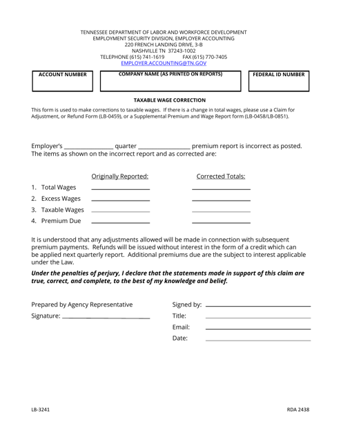 Form LB-3241 Taxable Wage Correction - Tennessee