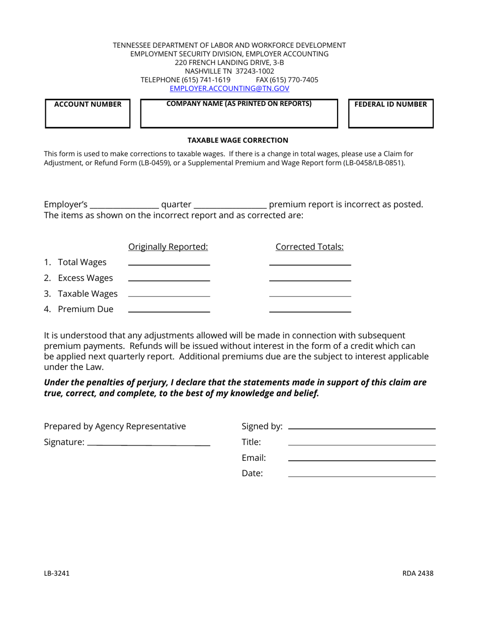 Form LB-3241 Taxable Wage Correction - Tennessee, Page 1