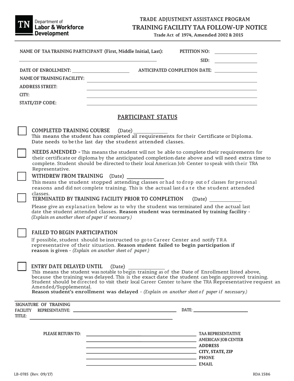 Form LB-0785 Training Facility Taa Follow-Up Notice - Tennessee, Page 1