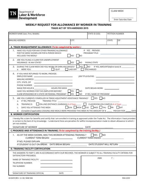 Form LB-0429 Weekly Request for Allowance by Worker in Training - Tennessee