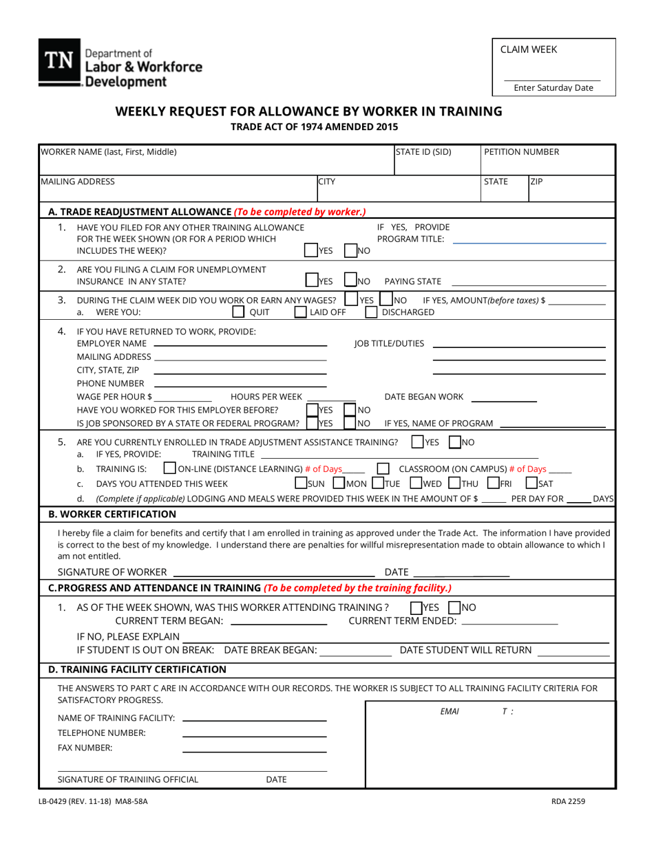 Form LB-0429 Weekly Request for Allowance by Worker in Training - Tennessee, Page 1