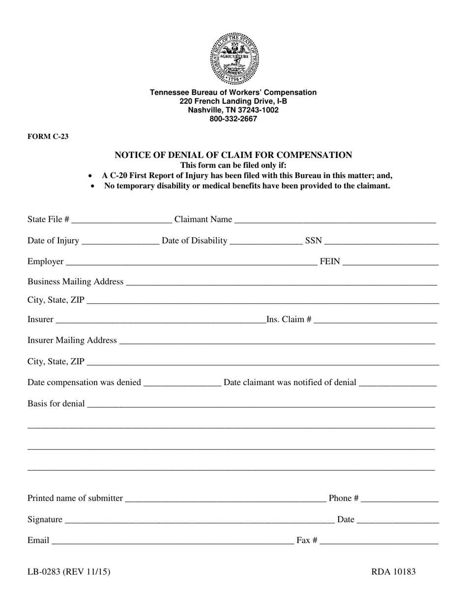Form LB-0283 (C-23) Notice of Denial of Claim for Compensation - Tennessee, Page 1