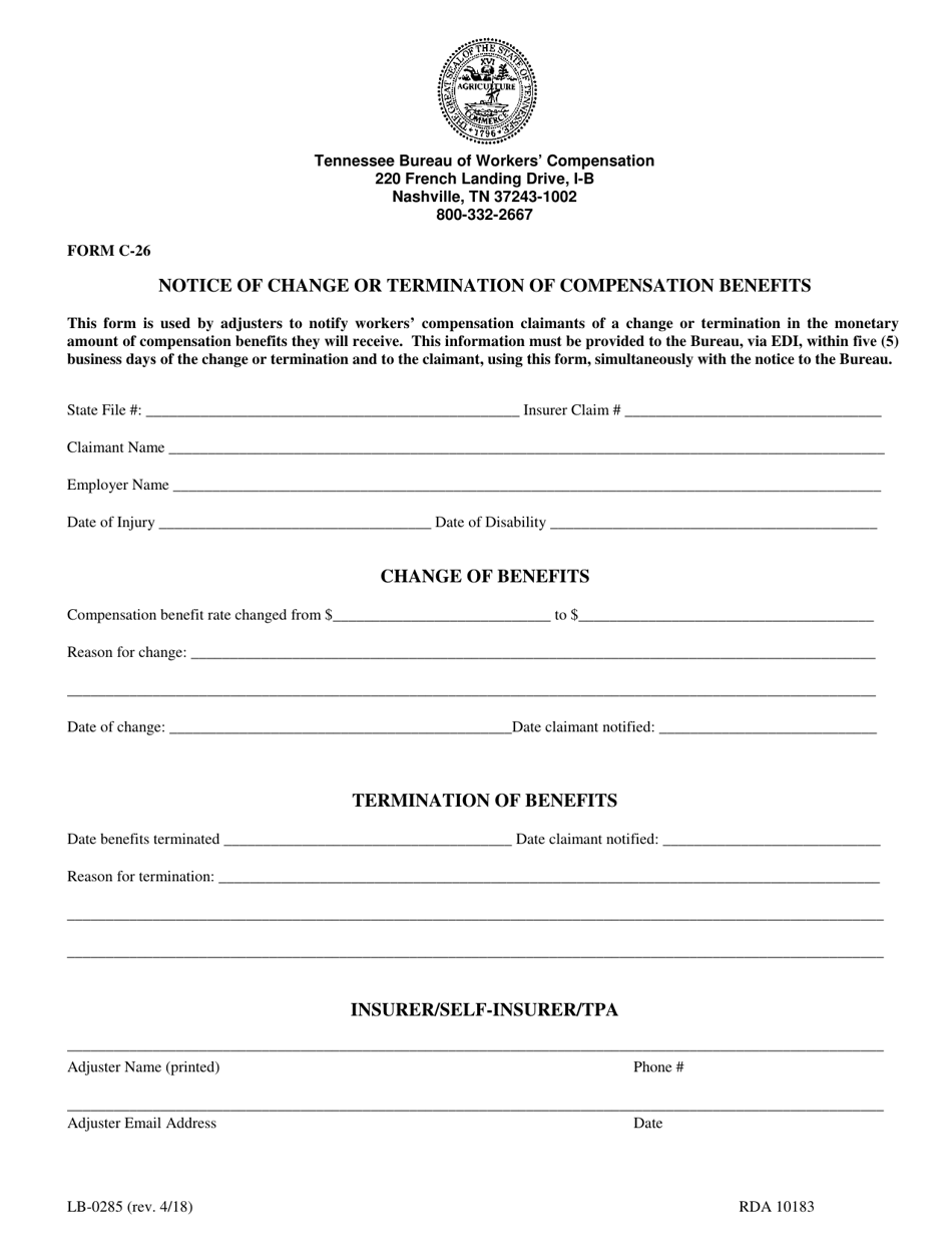 Form LB-0285 (C-26) Notice of Change or Termination of Compensation Benefits - Tennessee, Page 1