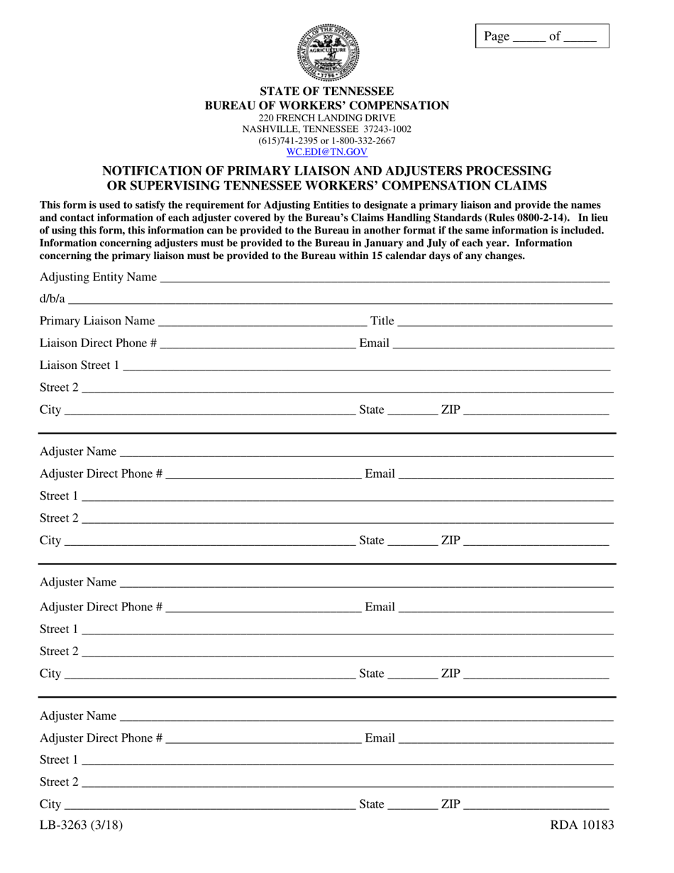 Form LB-3263 Notification of Primary Liaison and Adjusters Processing or Supervising Tennessee Workers Compensation Claims - Tennessee, Page 1
