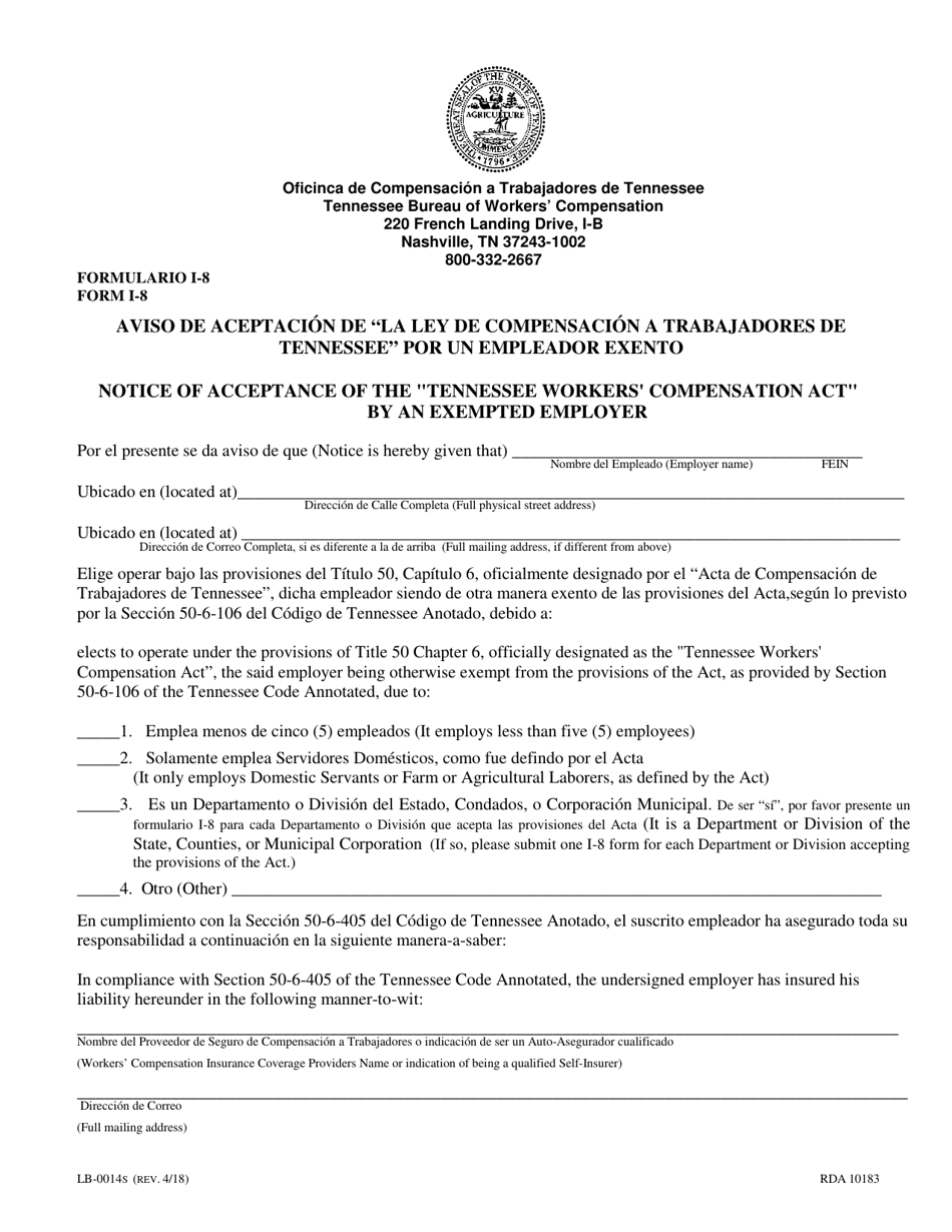 Form LB-0014S (I-8) Notice of Acceptance of the tennessee Workers Compensation Act by an Exempted Employer - Tennessee (English / Spanish), Page 1