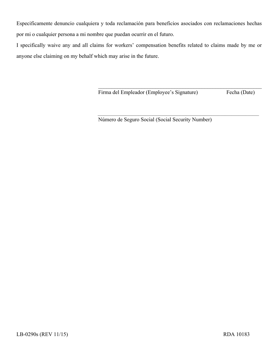 Form LB-0290S (I-10; I-11; I-12) Notice of Waiver of Workers Compensation Benefits for Specific Medical Conditions - Tennessee (English / Spanish), Page 2