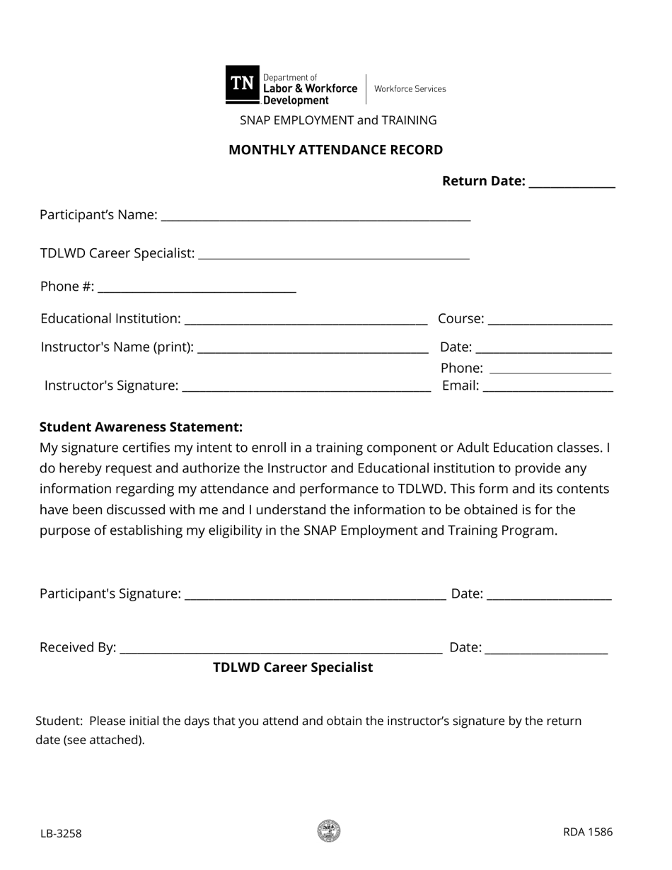 Form LB-3258 Monthly Attendance Record - Tennessee, Page 1