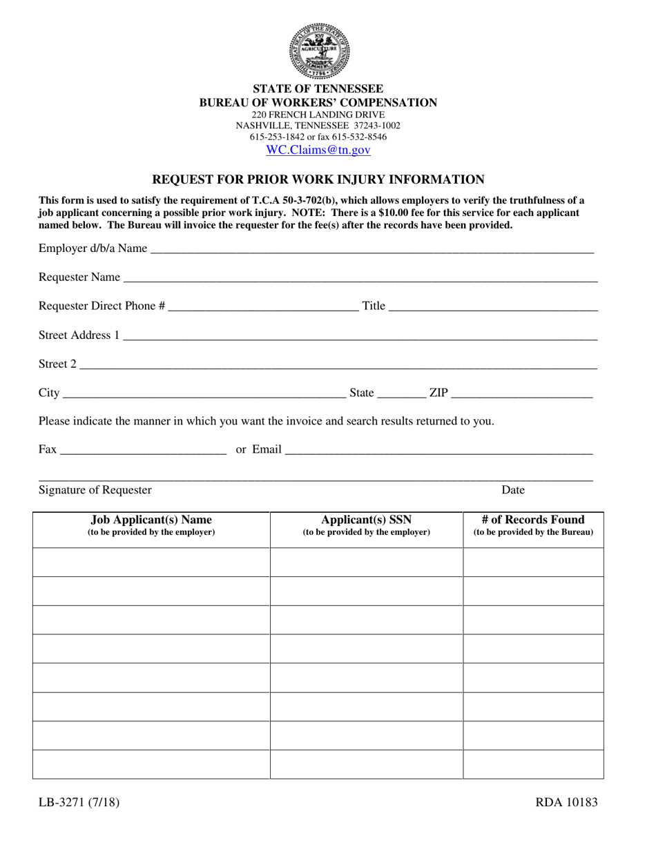 Form LB-3271 Request for Prior Work Injury Information - Tennessee, Page 1