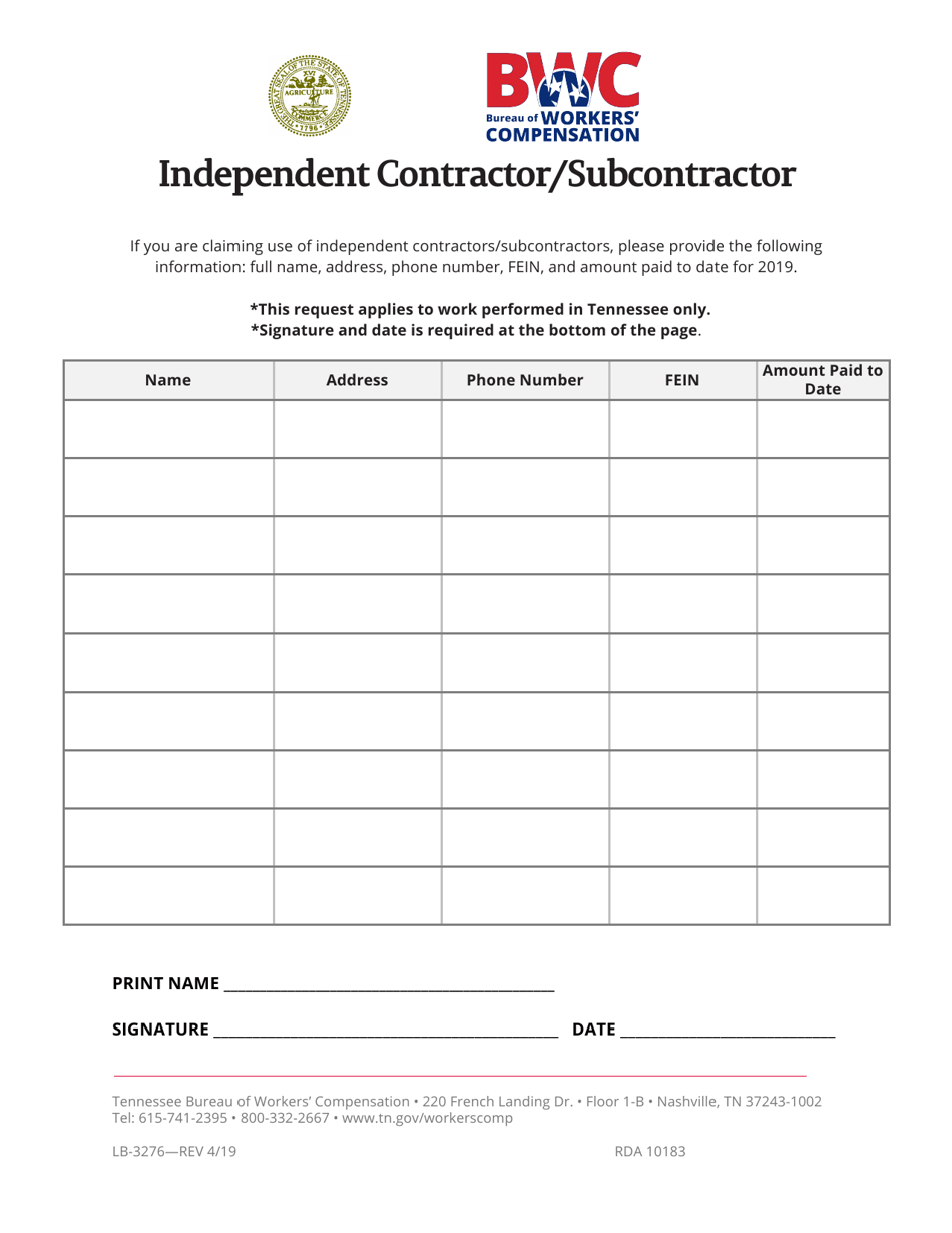 Form LB-3276 Independent Contractor / Subcontractor - Tennessee, Page 1