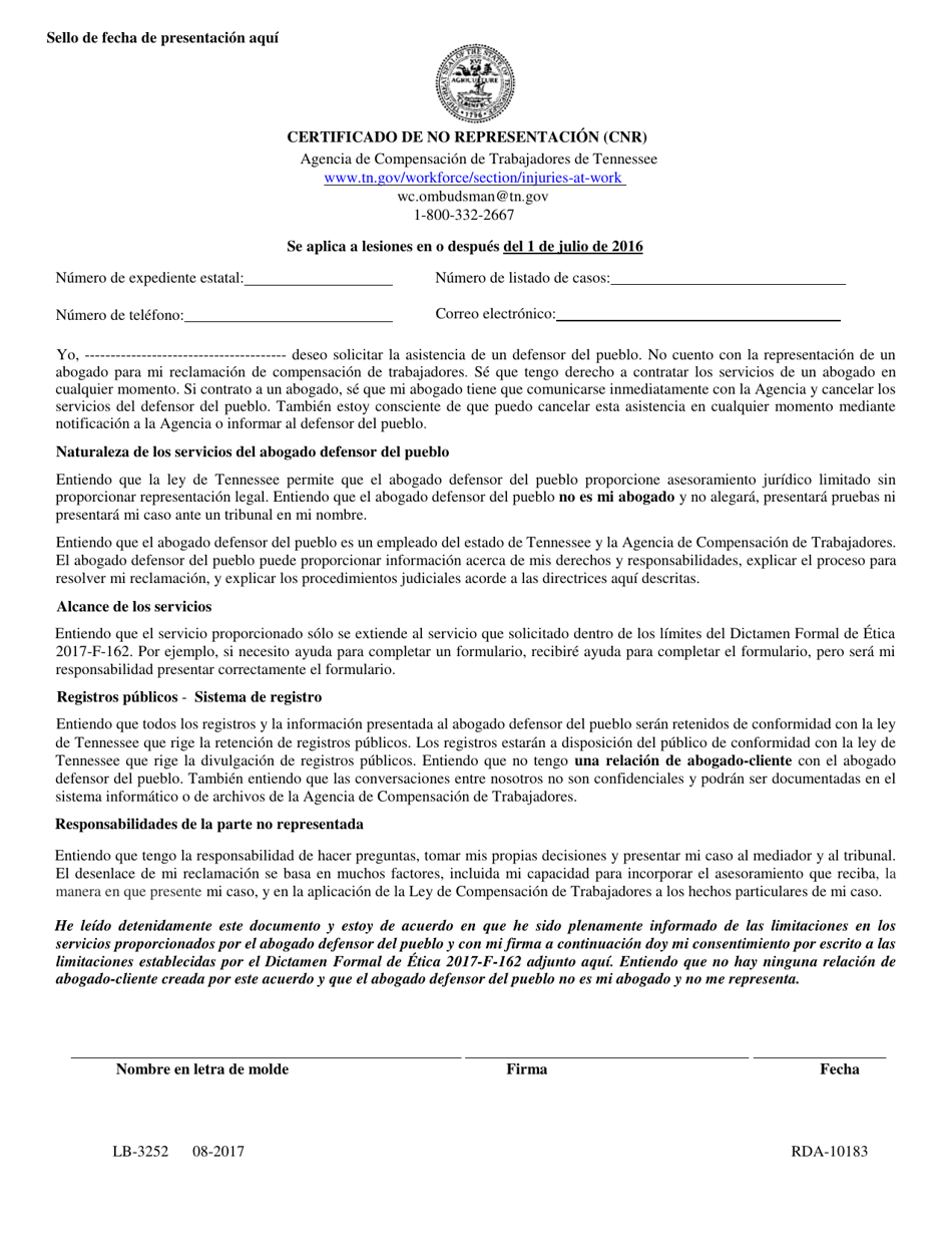Formulario LB-3252 Certificado De No Representacion (Cnr) - Tennessee (Spanish), Page 1