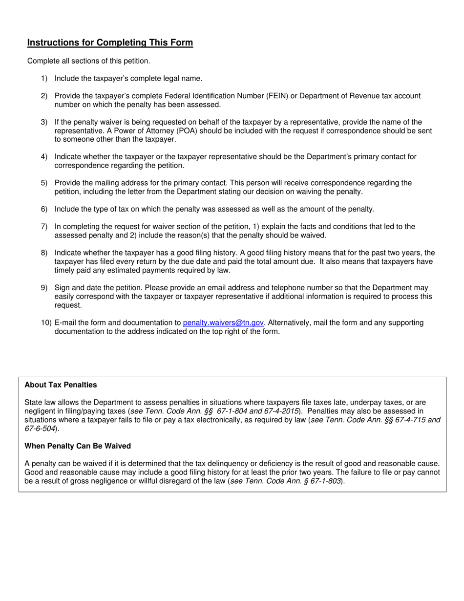 Form RV-F1322701 Petition for Waiver of Penalty - Tennessee, Page 2