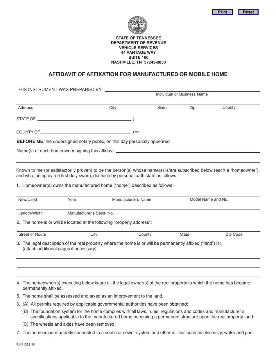 Form RV-F1322101 Affidavit of Affixation for Manufactured or Mobile Home - Tennessee, Page 1