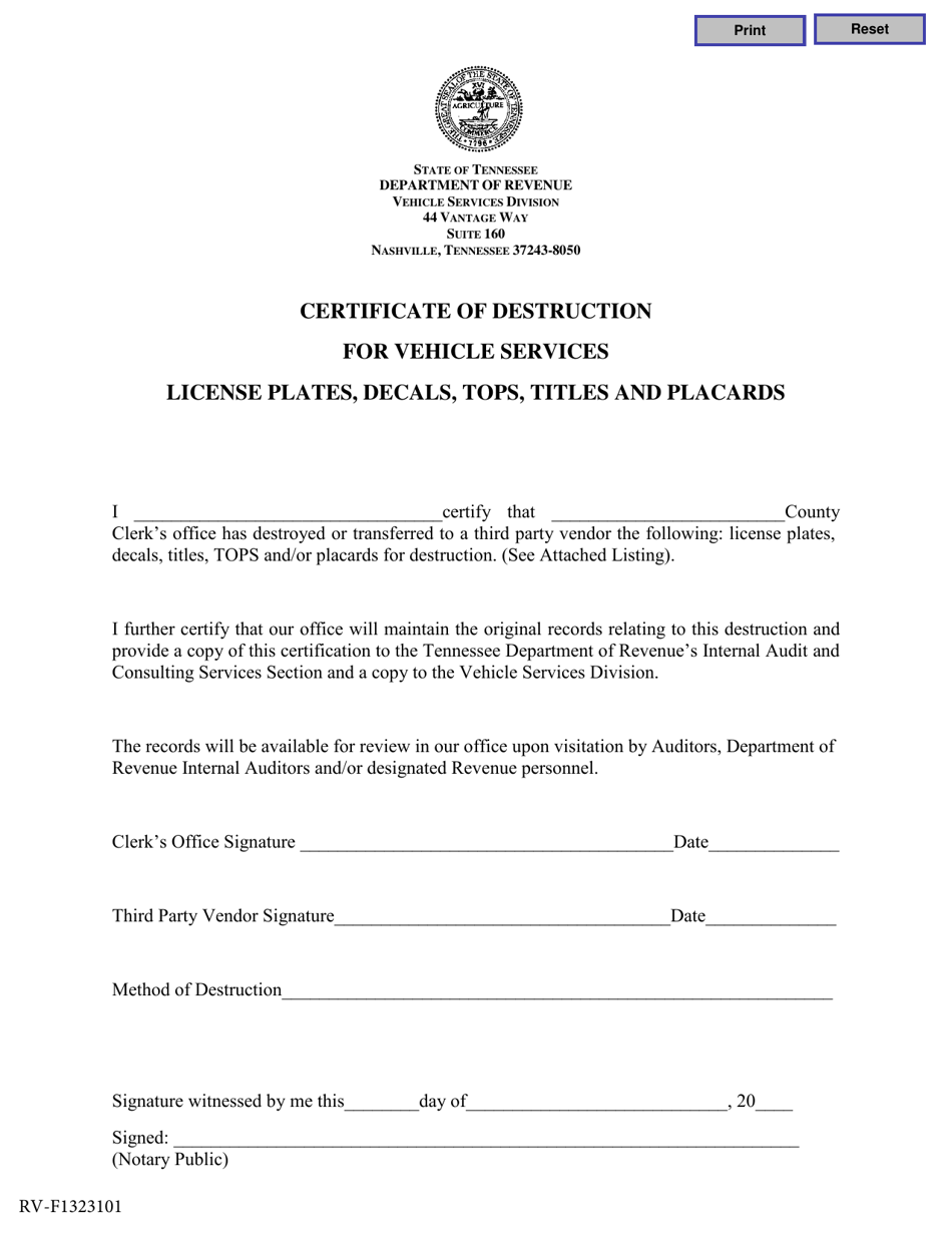 Form RV-F1323101 Certificate of Destruction for Vehicle Services License Plates, Decals, Tops, Titles and Placards - Tennessee, Page 1