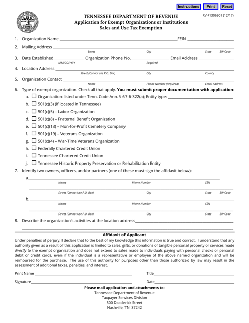 Form RV-F1306901 Application for Exempt Organizations or Institutions Sales and Use Tax Exemption - Tennessee