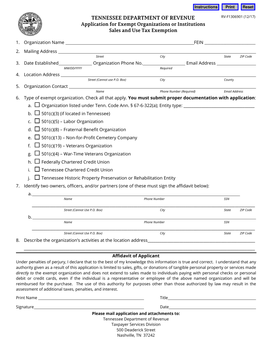 Form RV-F1306901 Application for Exempt Organizations or Institutions Sales and Use Tax Exemption - Tennessee, Page 1