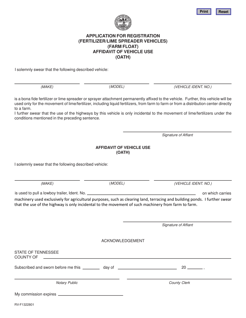Form RV-F1322801 Application for Registration (Fertilizer / Lime Spreader Vehicles) (Farm Float) Affidavit of Vehicle Use (Oath) - Tennessee, Page 1