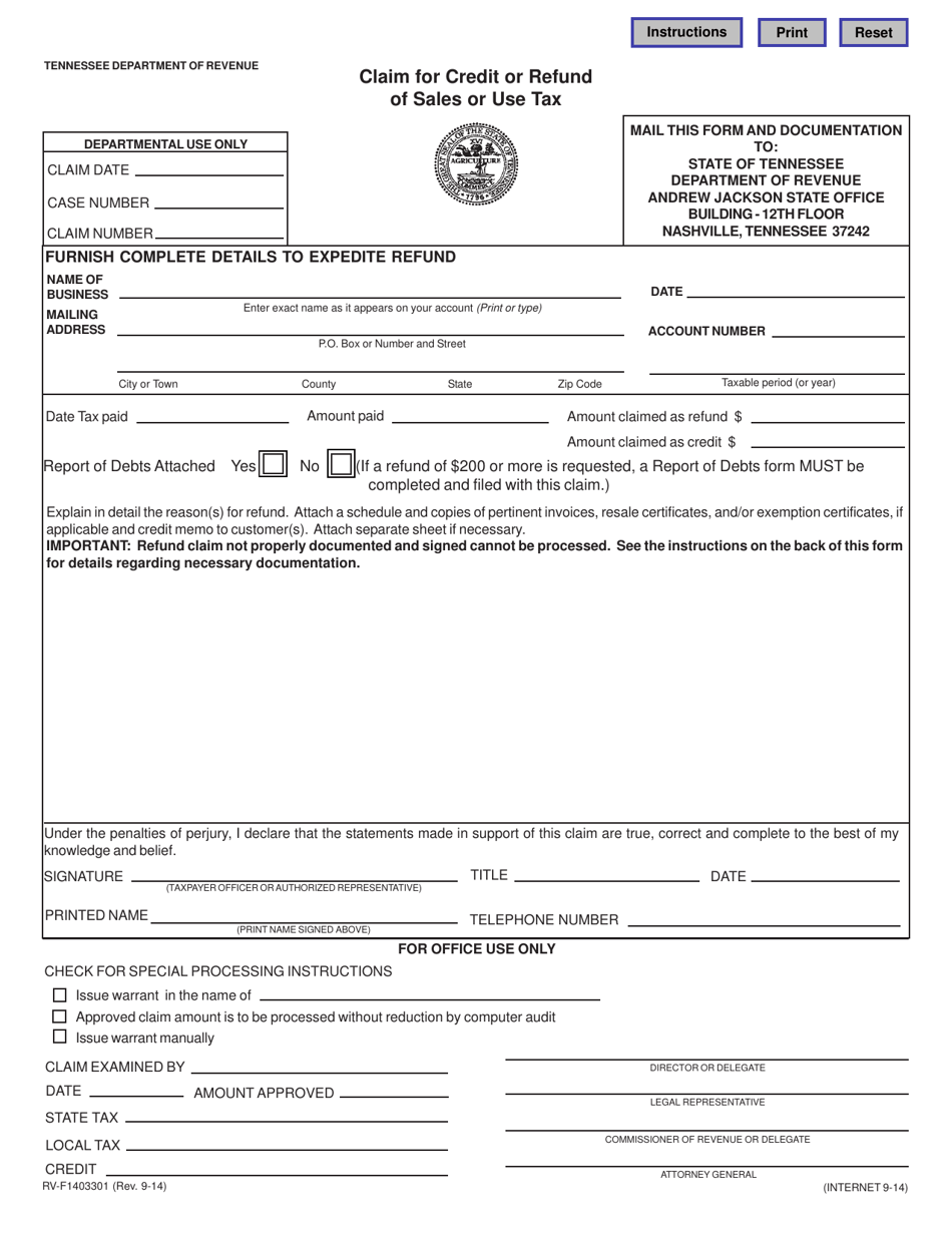 Form RV-F1403301 Claim for Credit or Refund of Sales or Use Tax - Tennessee, Page 1