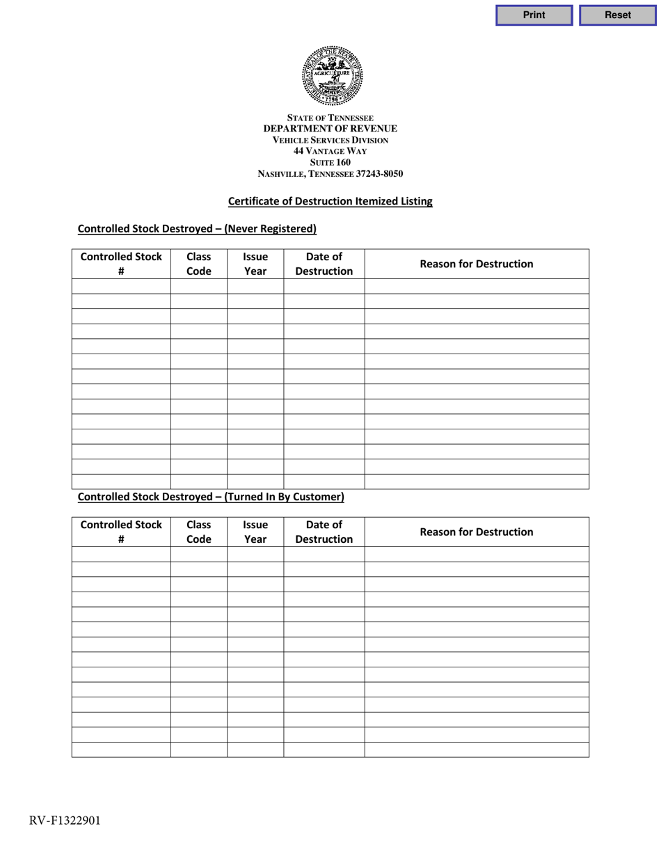 Form RV-F1322901 Certificate of Destruction Itemized Listing Controlled Stock (Not Including License Plates) - Tennessee, Page 1