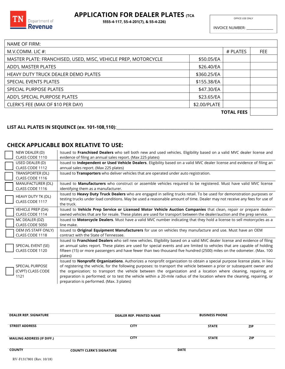 Form RV-F1317801 Application for Dealer Plates - Tennessee, Page 1