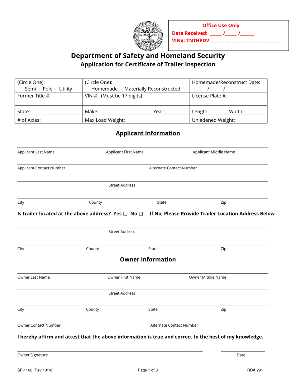 Form SF-1166 Application for Certificate of Trailer Inspection - Tennessee, Page 1