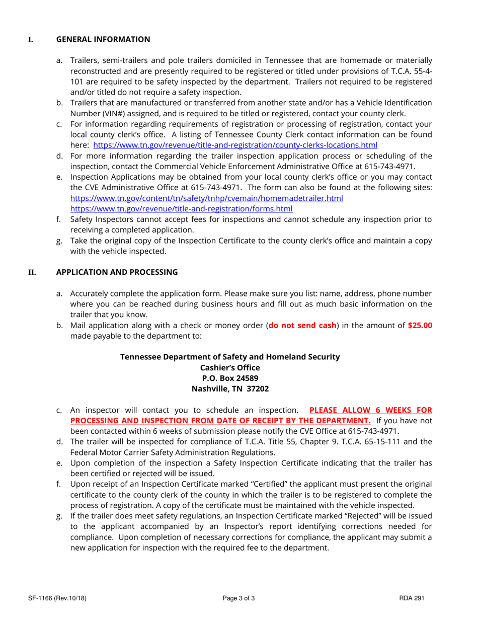 Form SF-1166 Application for Certificate of Trailer Inspection - Tennessee, Page 3