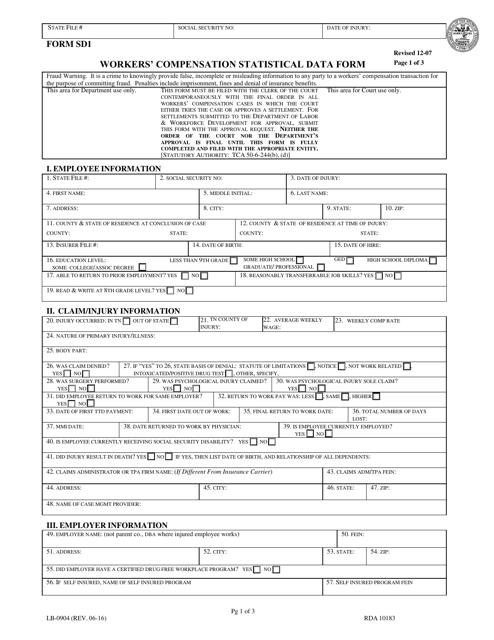 Form LB-0904 (SD1) Workers' Compensation Statistical Data Form - Tennessee