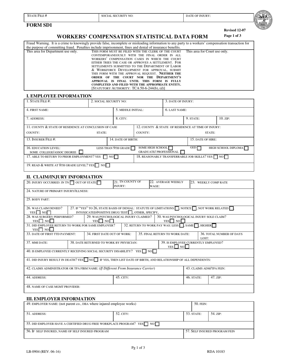 Form LB-0904 (SD1) Workers Compensation Statistical Data Form - Tennessee, Page 1