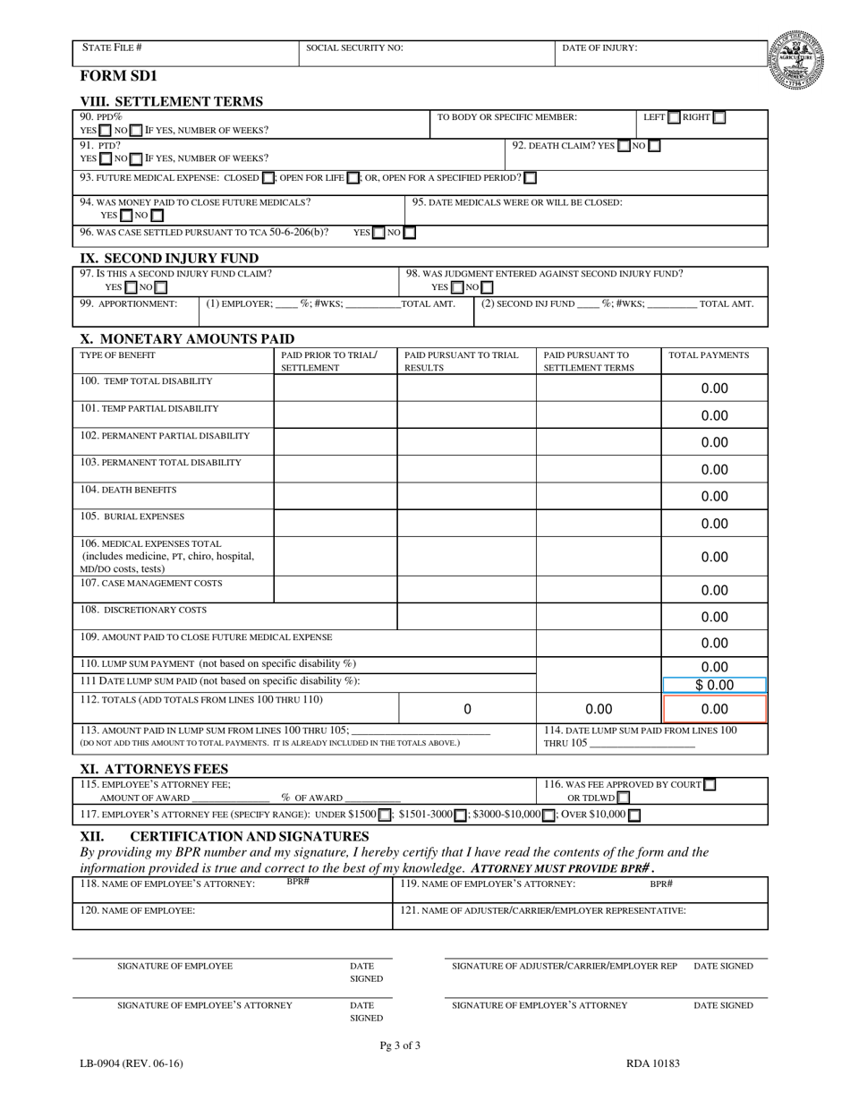Form LB-0904 (SD1) Workers Compensation Statistical Data Form - Tennessee, Page 3