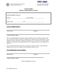 Document preview: Form RV-F1309201 Leased Vehicle Owner's Authorization to Lessee - Tennessee