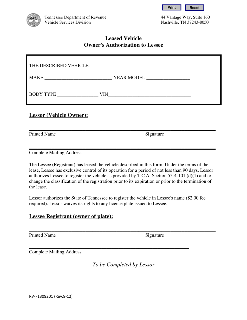Form RV-F1309201 Leased Vehicle Owners Authorization to Lessee - Tennessee, Page 1