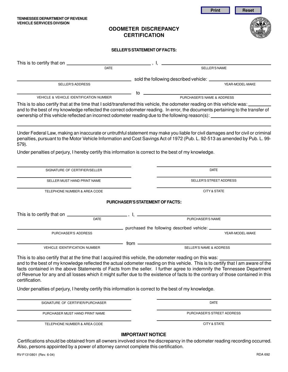 Form RV-F1310801 Odometer Discrepancy Certification - Tennessee, Page 1