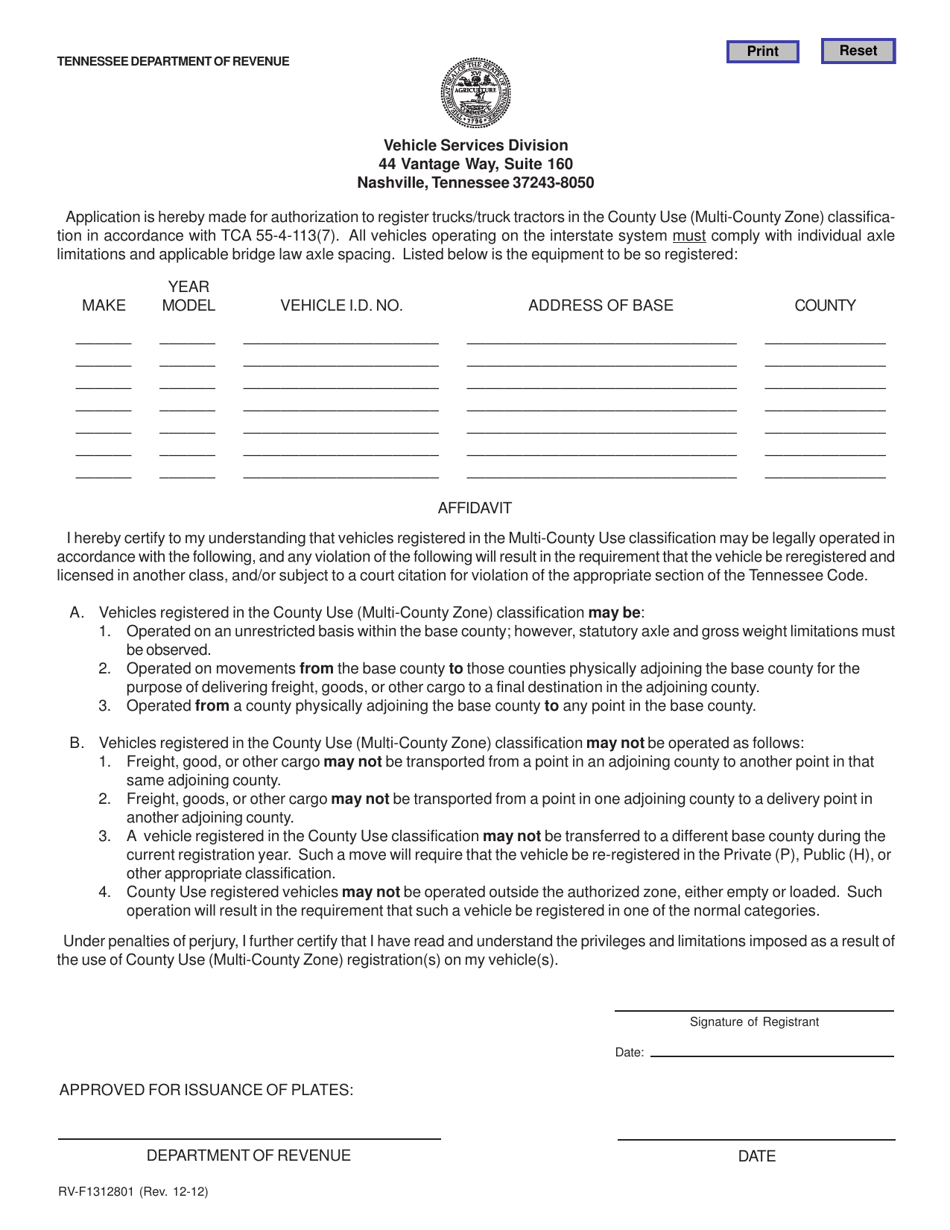 Form RV-F1312801 Multi-County Zone Authorization - Tennessee, Page 1