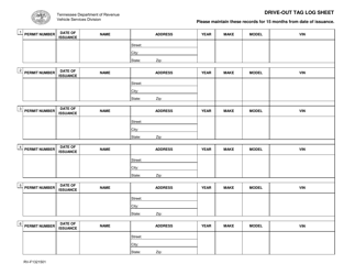 Document preview: Form RV-F1321501 Drive-Out Tag Log Sheet - Tennessee