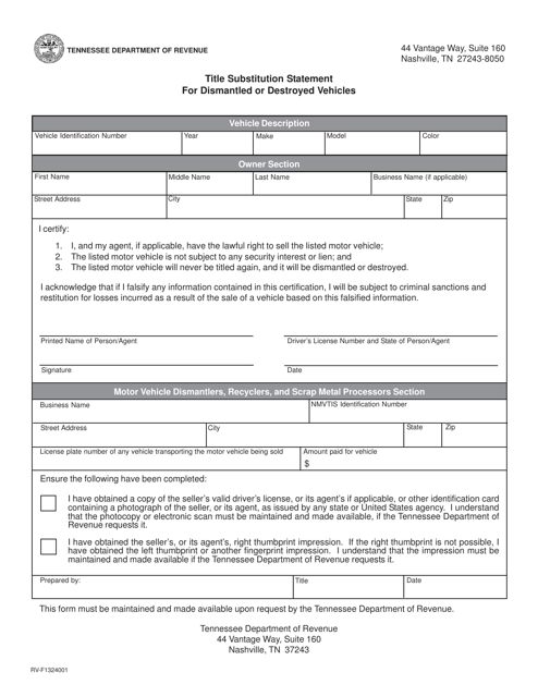 Form RV-F1324001 Title Substitution Statement for Dismantled or Destroyed Vehicles - Tennessee