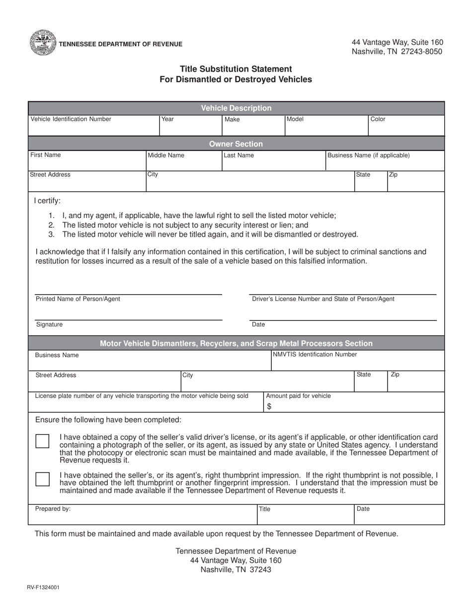 Form RV-F1324001 Title Substitution Statement for Dismantled or Destroyed Vehicles - Tennessee, Page 1