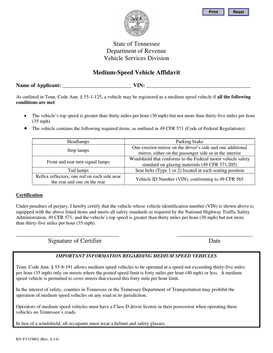 Form RV-F1319801 Medium-Speed Vehicle Affidavit - Tennessee, Page 1