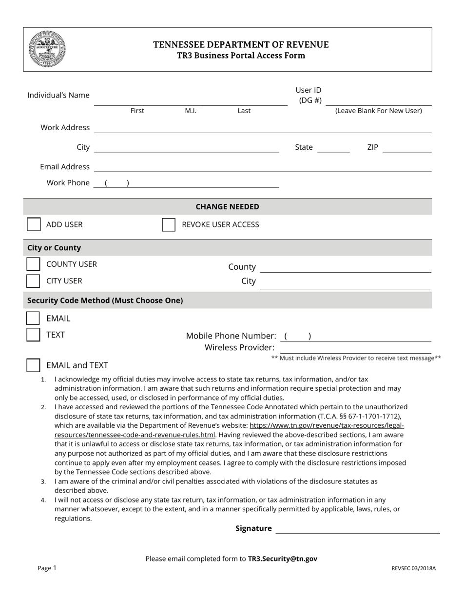 Tr3 Business Portal Access Form - Tennessee, Page 1