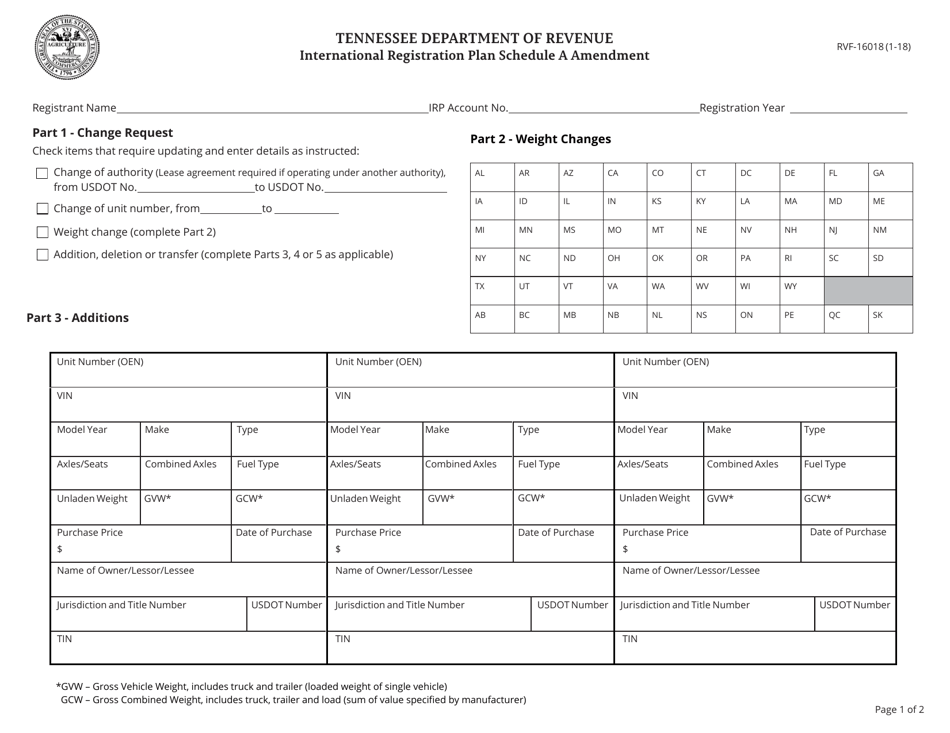 Form RV-F16018 Schedule A International Registration Plan Schedule Amendment - Tennessee, Page 1