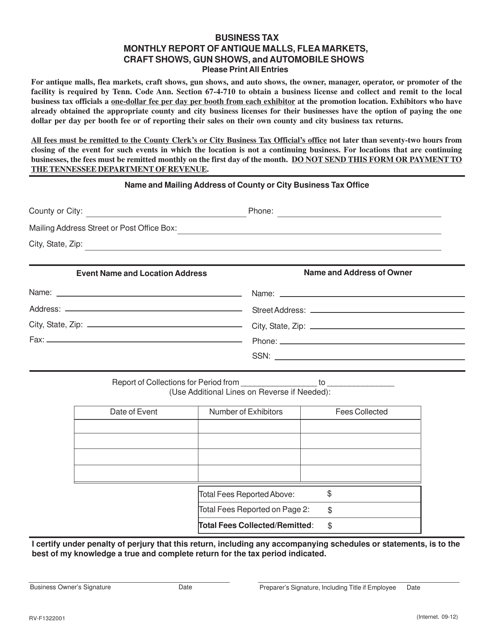 Form RV-F1322001 Business Tax Monthly Report of Antique Malls, Flea Markets, Craft Shows, Gun Shows, and Automobile Shows - Tennessee