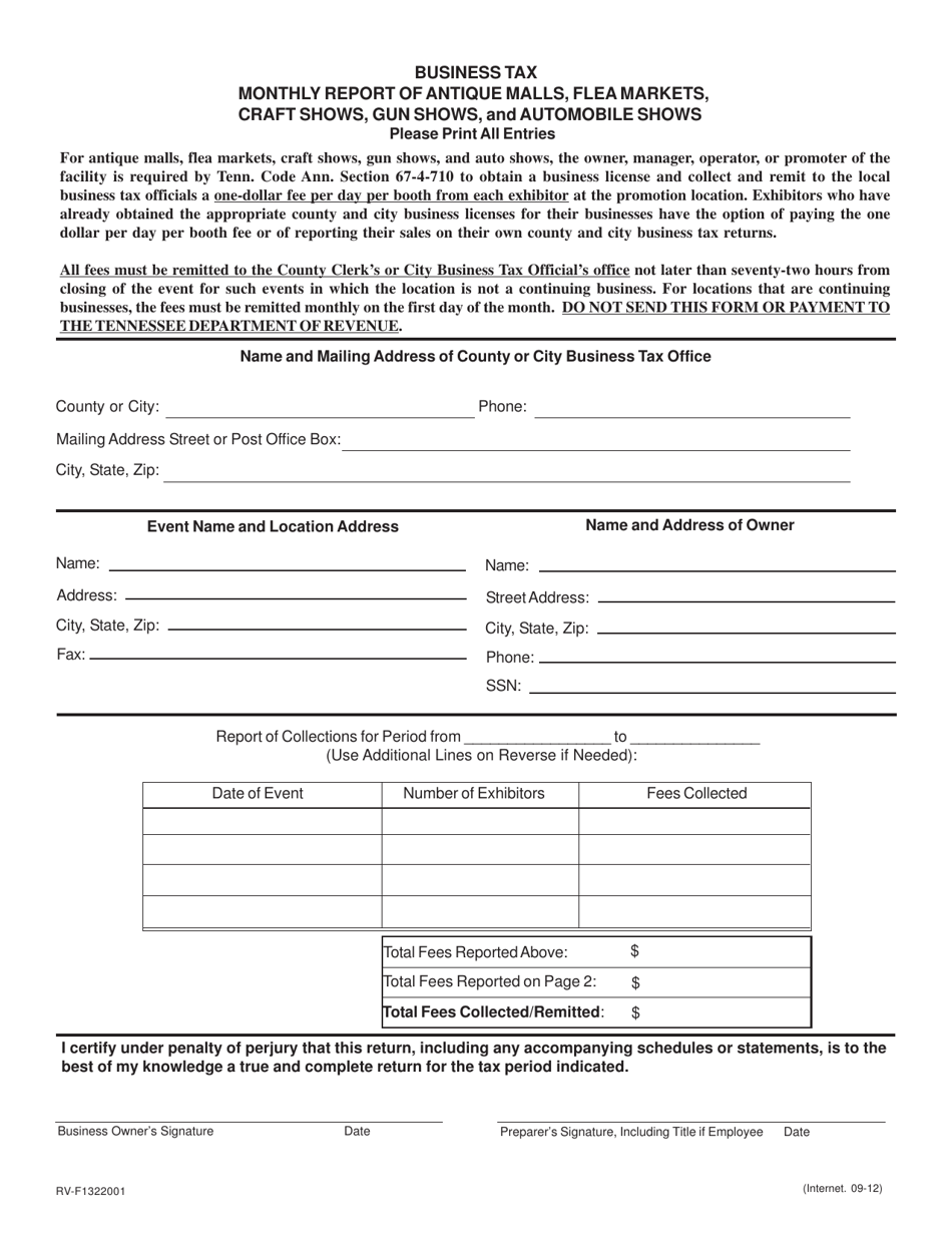 Form RV-F1322001 Business Tax Monthly Report of Antique Malls, Flea Markets, Craft Shows, Gun Shows, and Automobile Shows - Tennessee, Page 1