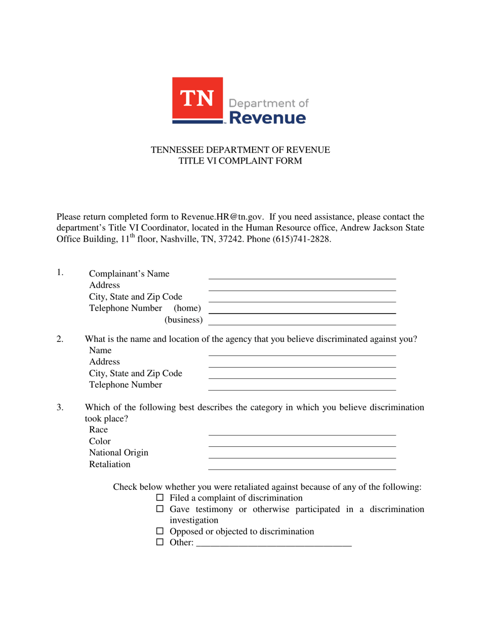 Title VI Complaint Form - Tennessee, Page 1
